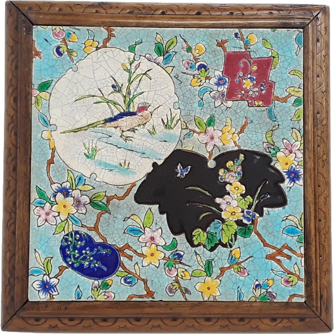 Antique Longwy Framed Trivet Enameled Tile Japanese  Motif (1 of 8)