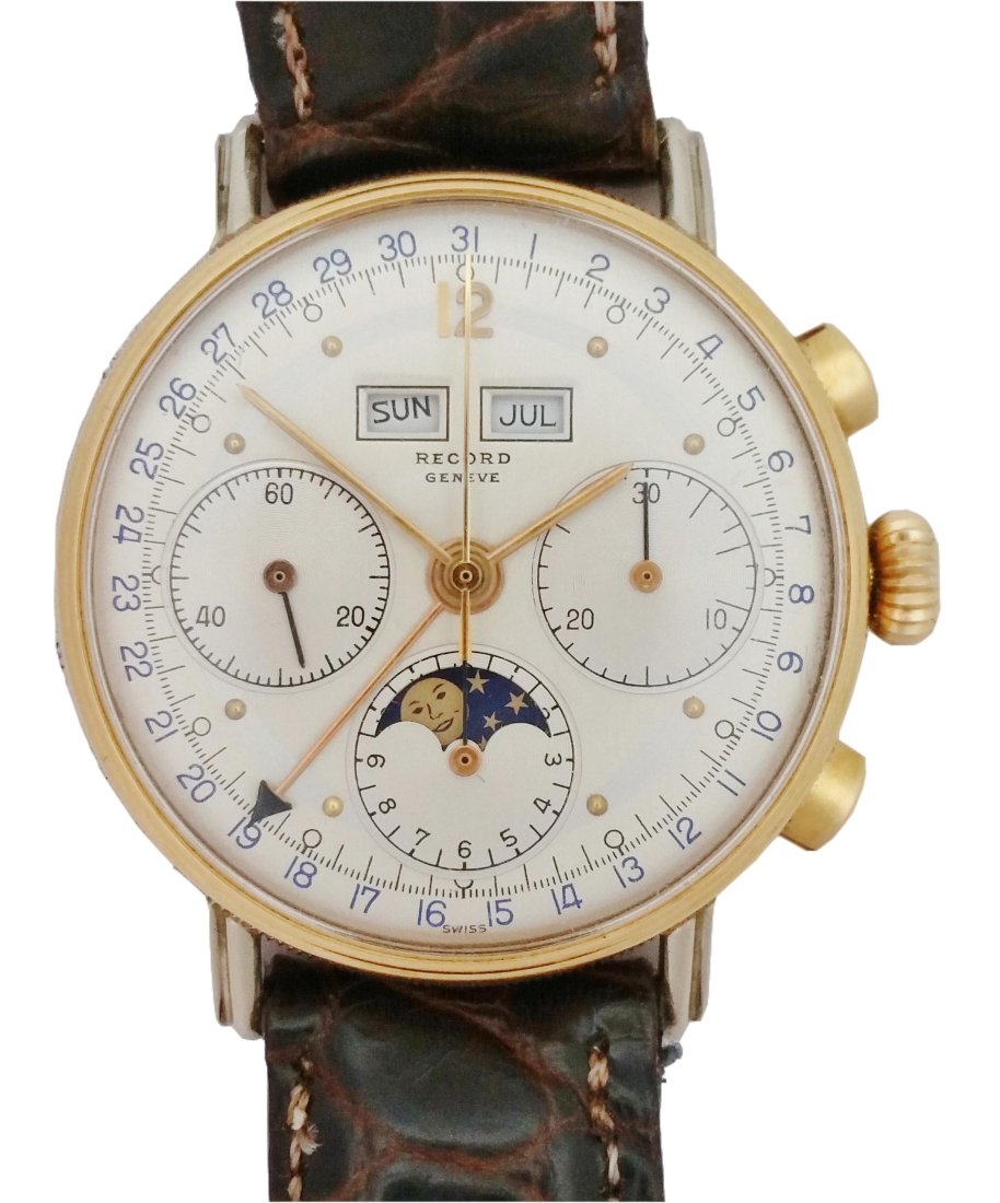 18k Gold Steel Record Chronograph Calendar Day Date Moonphase Valjoux Watch (1 of 7)