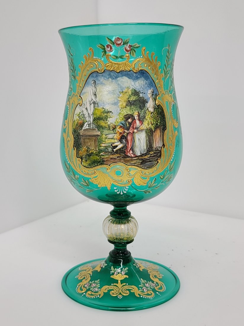 Tall Green Scenic Moser or Loebmeyr Pedestal Vase Art Glass (1 of 10)