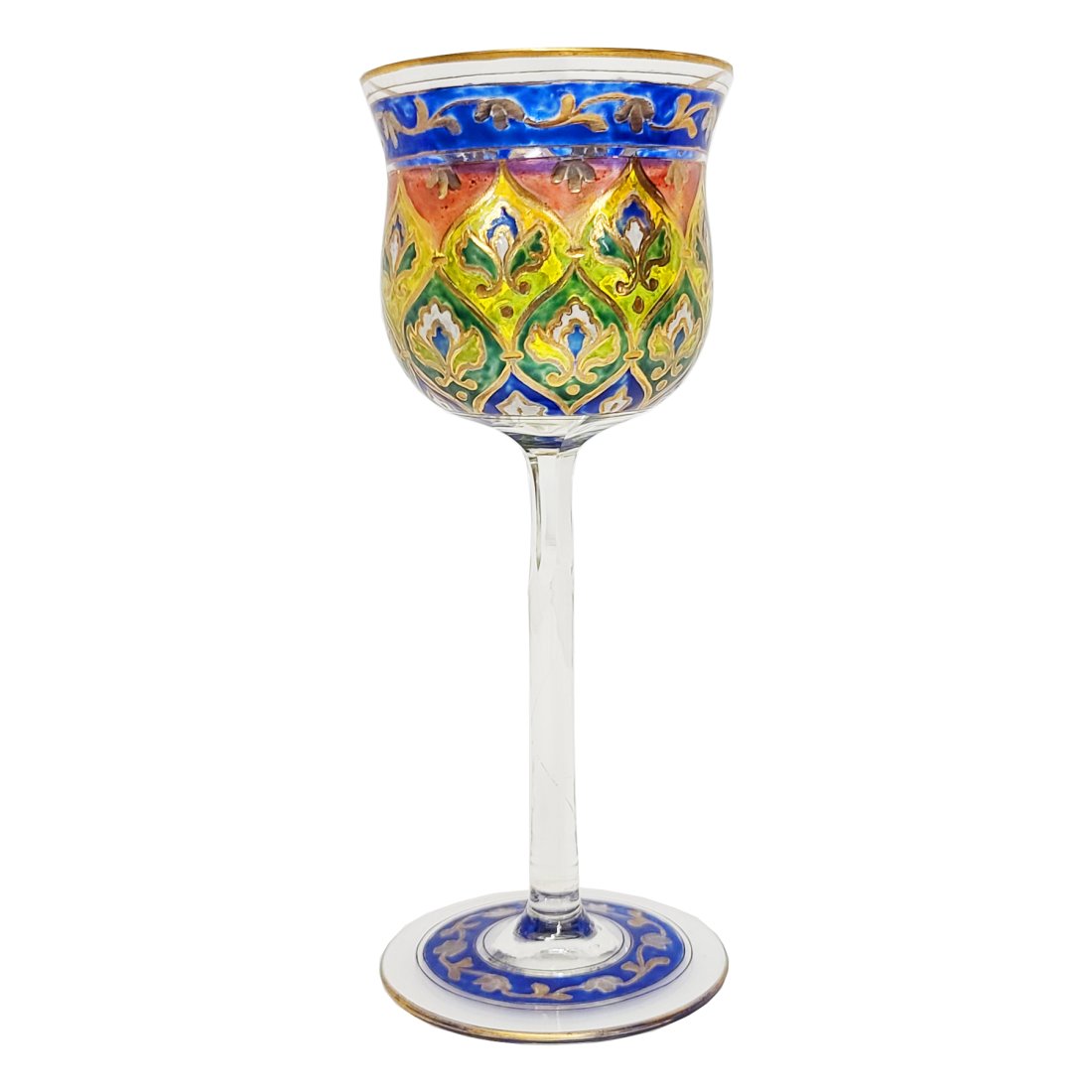 Pointed Motif Moser Type Gilt Enamel Stemmed Glass Art Glass: Described By:Nikki CNX VX 1220 5064 Title:Pointed Motif Moser Type Gilt Enamel Stemmed Glass Art Glass Description: Nice pointed motif Moser type gilt enamel stemmed glass art glass. Glass features 3 