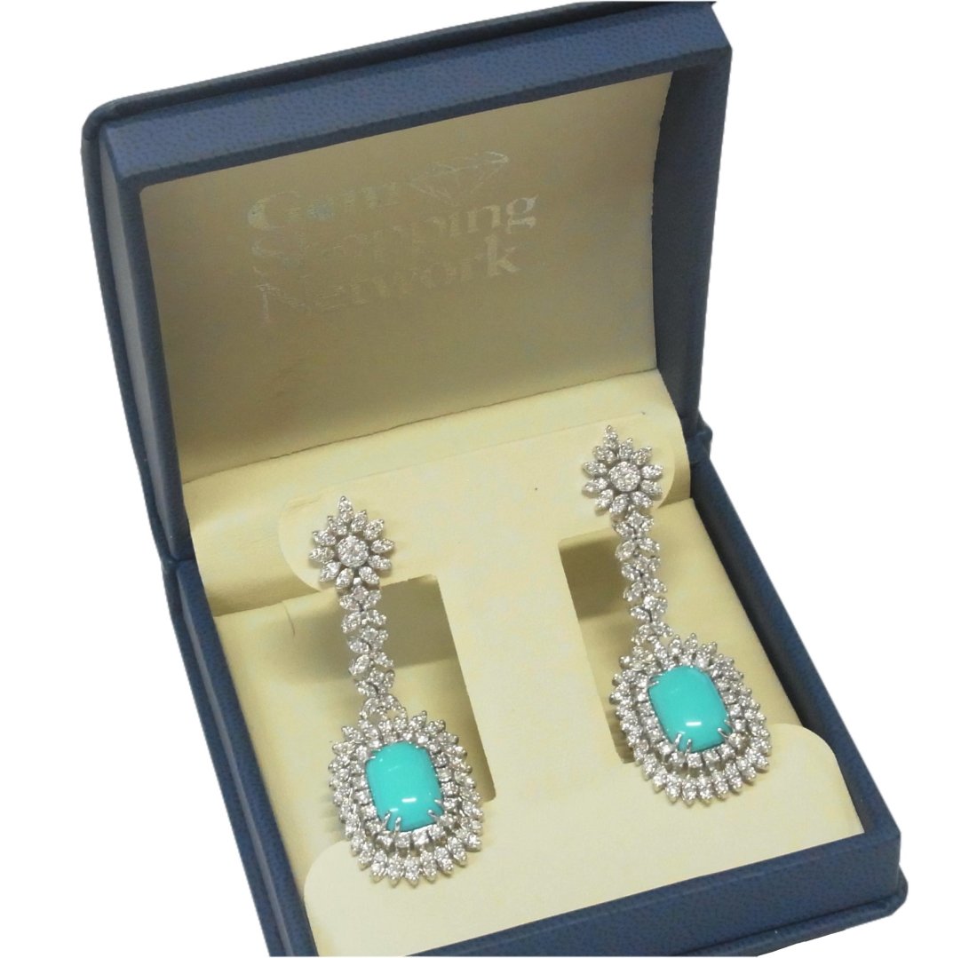 Unworn 9.69ctw Sleeping Beauty Turquoise 5.03ctw Diamond 18k White Gold Long Dangle Earrings w/ Box (1 of 12)
