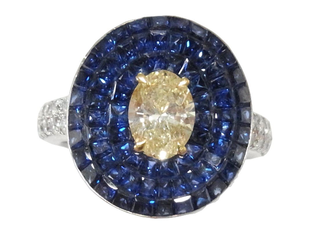 1.02ct Fancy Yellow Diamond Invisible Set Sapphire 18k Gold Designer Ring w/ 0.42ctw Accent Diamonds (1 of 18)