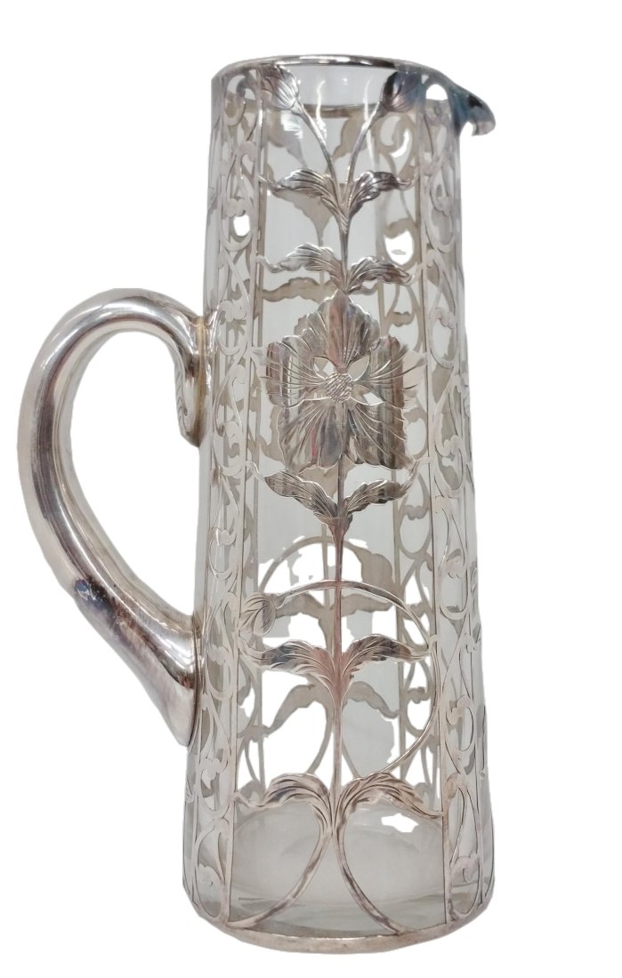 Rare Sterling Silver Overlay Glass Pitcher Ewer Matthews Newark Antique 1910 (1 of 7)