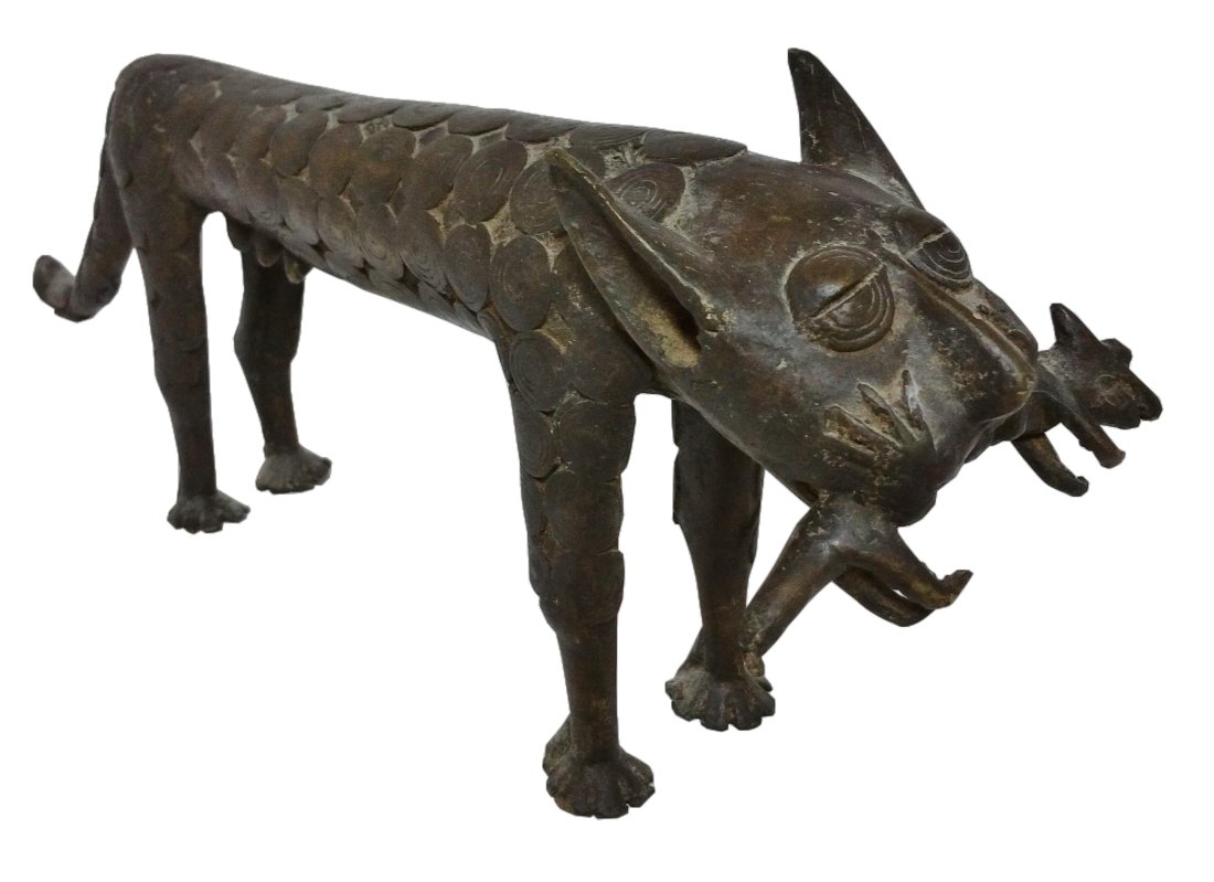 Antique African Bronze Sculpture Benin Leopard Mother with Cub (1 of 7)