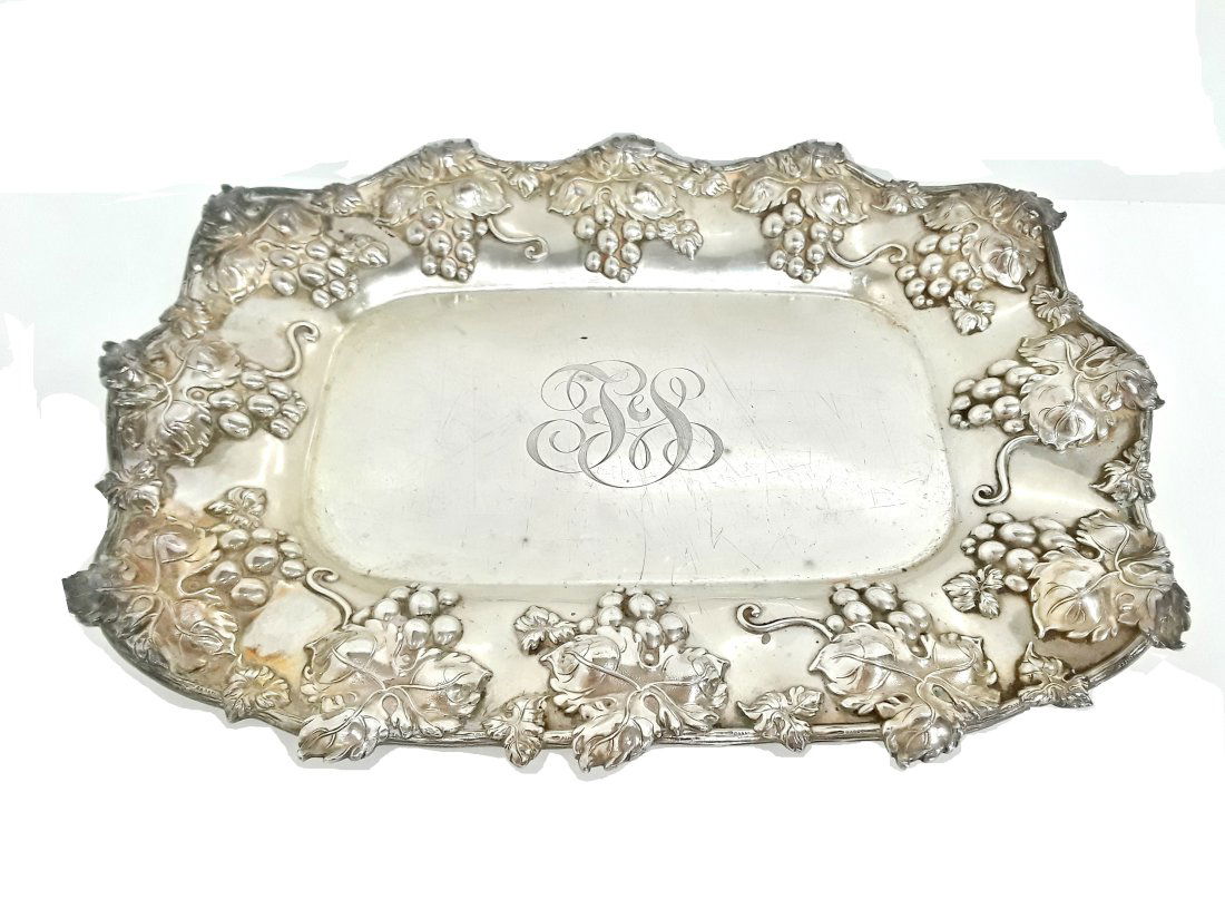 Frank W Smith Fine Heavy Antique Sterling Silver 22 OZT Repousse Grape Vine Serving Tray (1 of 5)