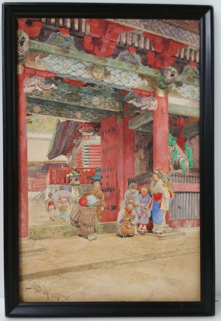 Bunsai Ioki Antique Nikko Temple Japanese Watercolor Painting (1 of 9)