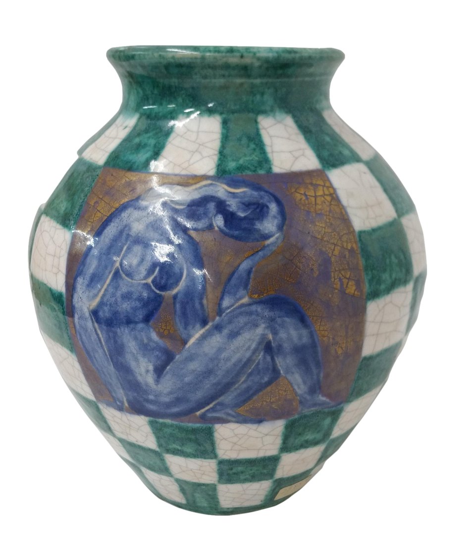 Edouard Cazaux French Art Pottery Nude Glazed Gilt Earthenware Vase: Title: Edouard Cazaux French Art Pottery Nude Glazed Gilt Earthenware Vase Description:Edouard Cazaux French Art Pottery Nude Glazed Gilt Earthenware Vase Hallmarks or Signature: Made in