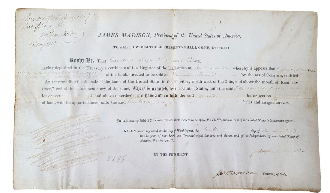 James Madison James Monroe Steubenville Ohio 1815 Land Grant Document (1 of 8)