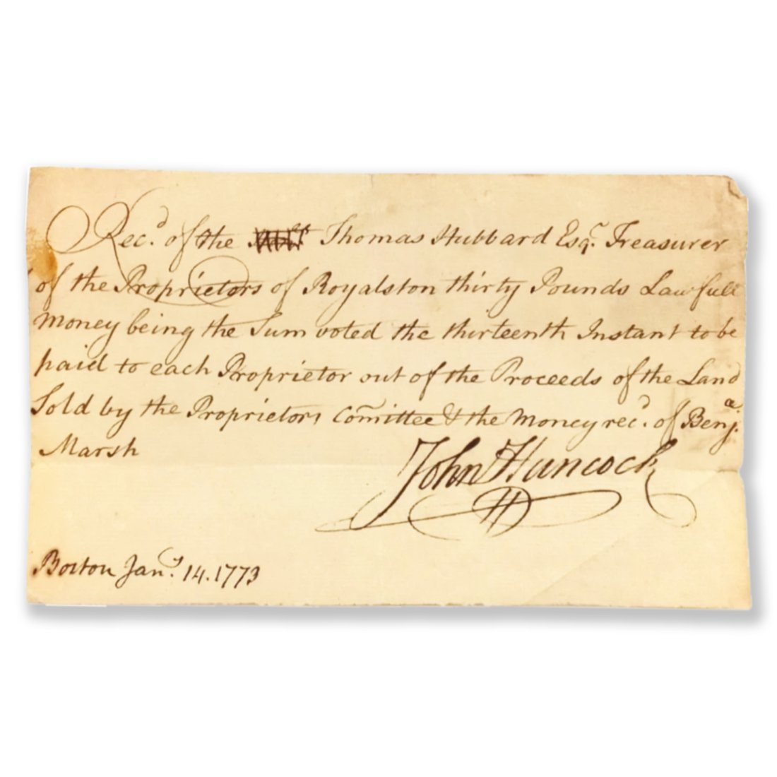 John Hancock Thomas Hubbard  Signature 1773 Royalston Massachusetts Boston Document (1 of 5)