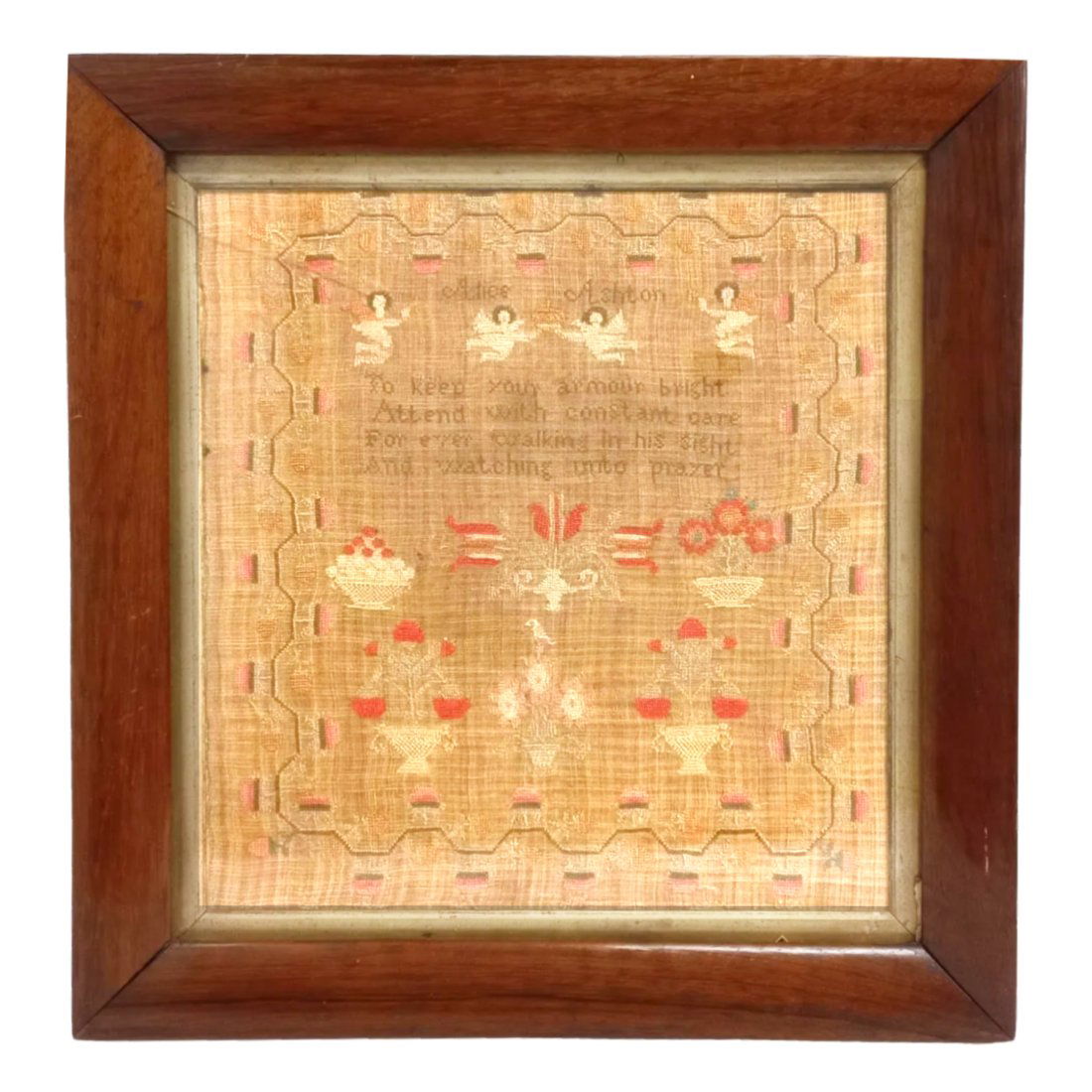 Antique Early Needlepoint Sampler Soldiers Of Christ Poem Cherub (1 of 8)