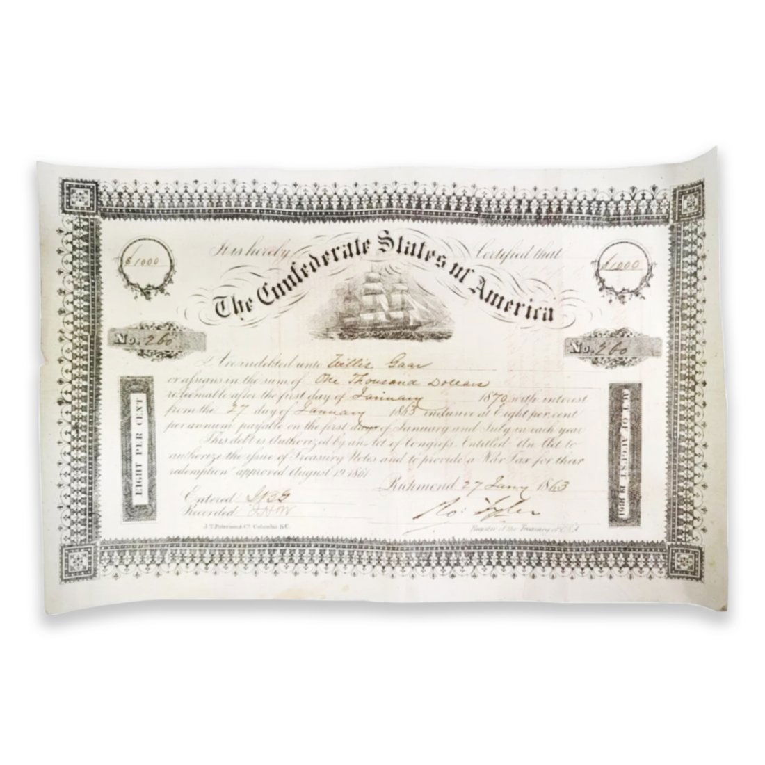 Confederate States of America 1863 War Tax Bond $1000 Signed by Son of Pres John Tyler (1 of 11)