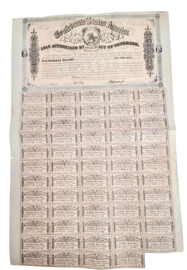 Confederate States of America 1864 Signed Bond Note $500 Small $15 Coupons (1 of 11)