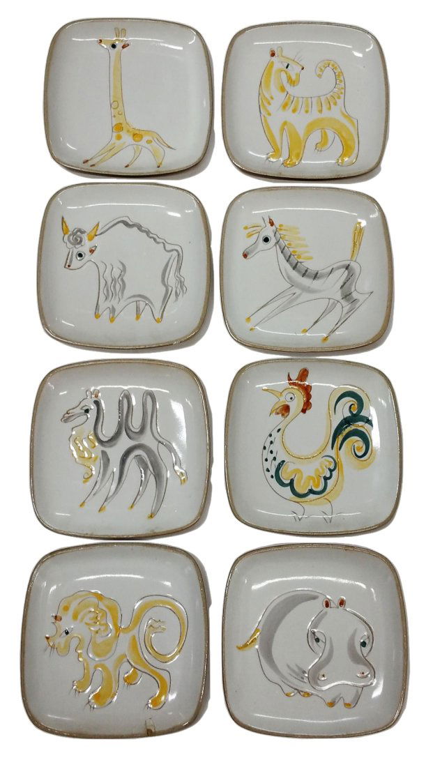 Glidden Pottery Ernest Sohn Menagerie Animal Canape Plate Set of 8 Mid Century Modern Hand Painted (1 of 11)