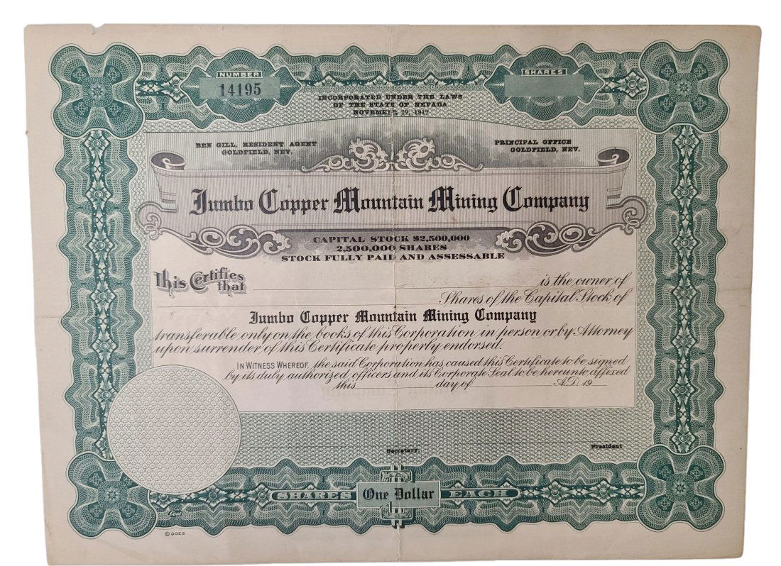 Certificate Jumbo Copper Mountain Mining Company Nevada 1917 (1 of 3)