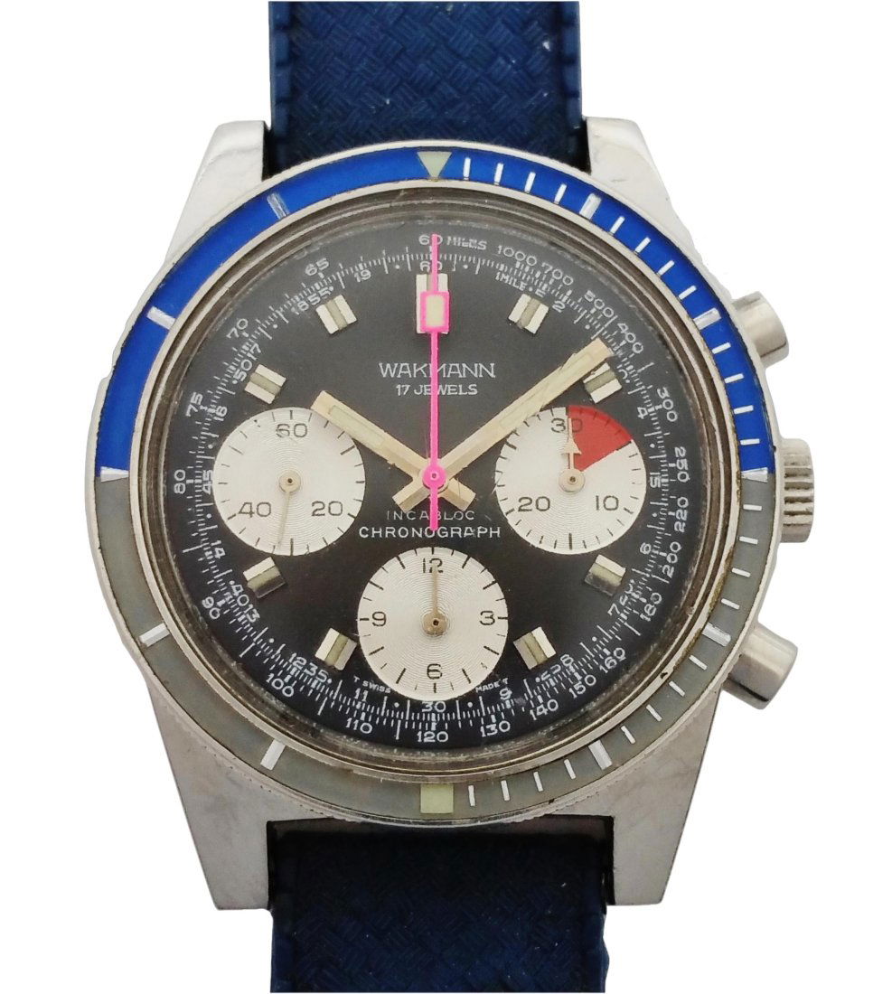 Wakmann Valjoux 7736 Chronograph Vintage Colorful Blue Grey Bezel Mens Watch (1 of 9)
