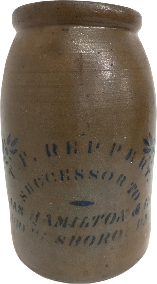 Pennsylvania TF Reppert Stoneware Crock Churn 1 Gallon Hamilton Greensboro PA: Described By:Rachel HFA VX NED Title:Pennsylvania TF Reppert Stoneware Crock Churn 1 Gallon Hamilton Greensboro PA Description: One of two Reppert blue decorated crocks from the same Florida collectio