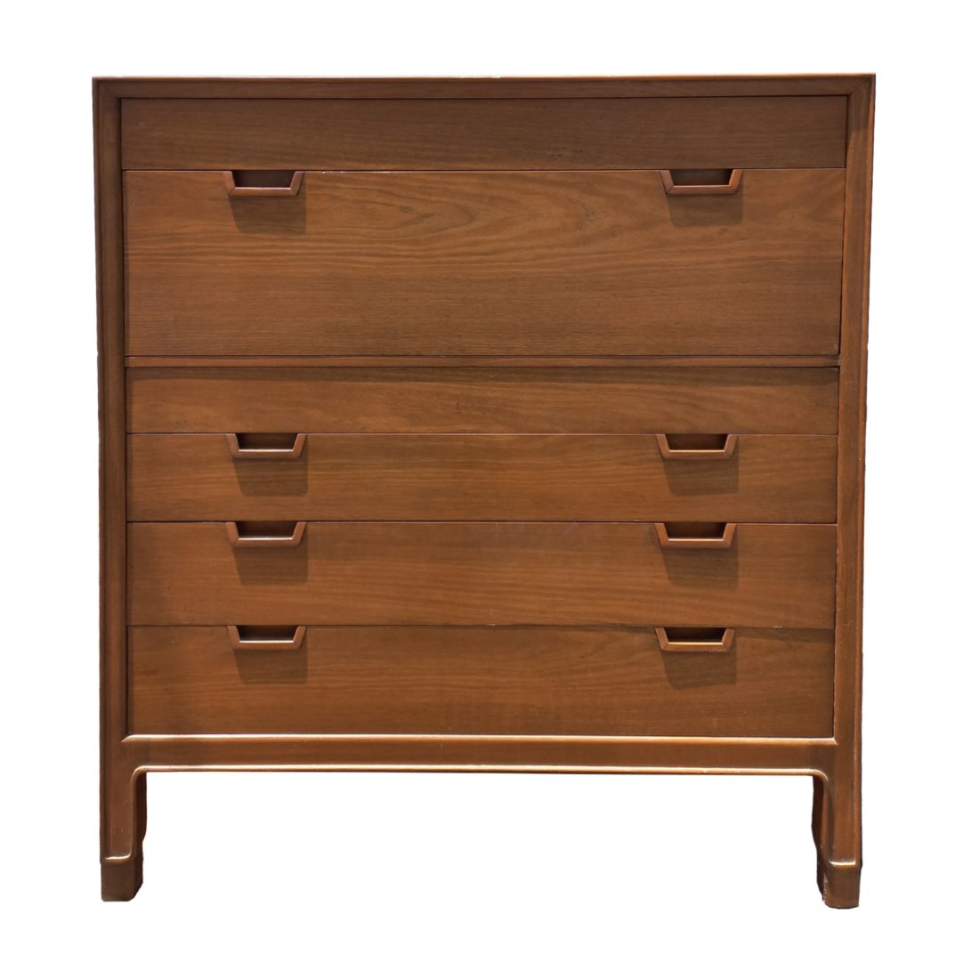 John Stuart Janus Mid Century Modern MCM Tall Hardwood Dresser Chest 46in: Described By:Rachel HFA VX NODD Title: John Stuart Janus Mid Century Modern MCM Tall Hardwood Dresser Chest 46in Description:A solid hardwood dresser with 6 drawers of varying sizes from the famed fur
