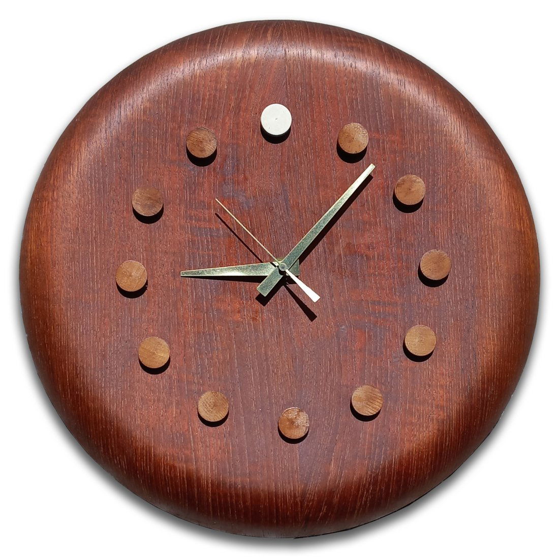 Fritz Hansen Teak MCM Midcentury Modern Wall Clock: Described By:Rachel HFA VX NFDD Title: Fritz Hansen Teak MCM Midcentury Modern Wall Clock Description:A very tasteful mid century round wall clock with discs of different woods as clock face indices.