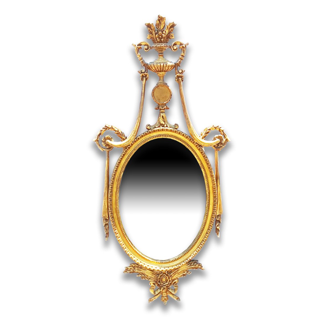 Wall Mirror Gilt Carved Neo Classical Vintage Wood 48in: Described By:Rachel HFA VX Title: Wall Mirror Gilt Carved Neo Classical Vintage Wood 48in Description:Flowing and ornate wood gilt scroll work and acanthus leaves create this gorgeous neo classical mi