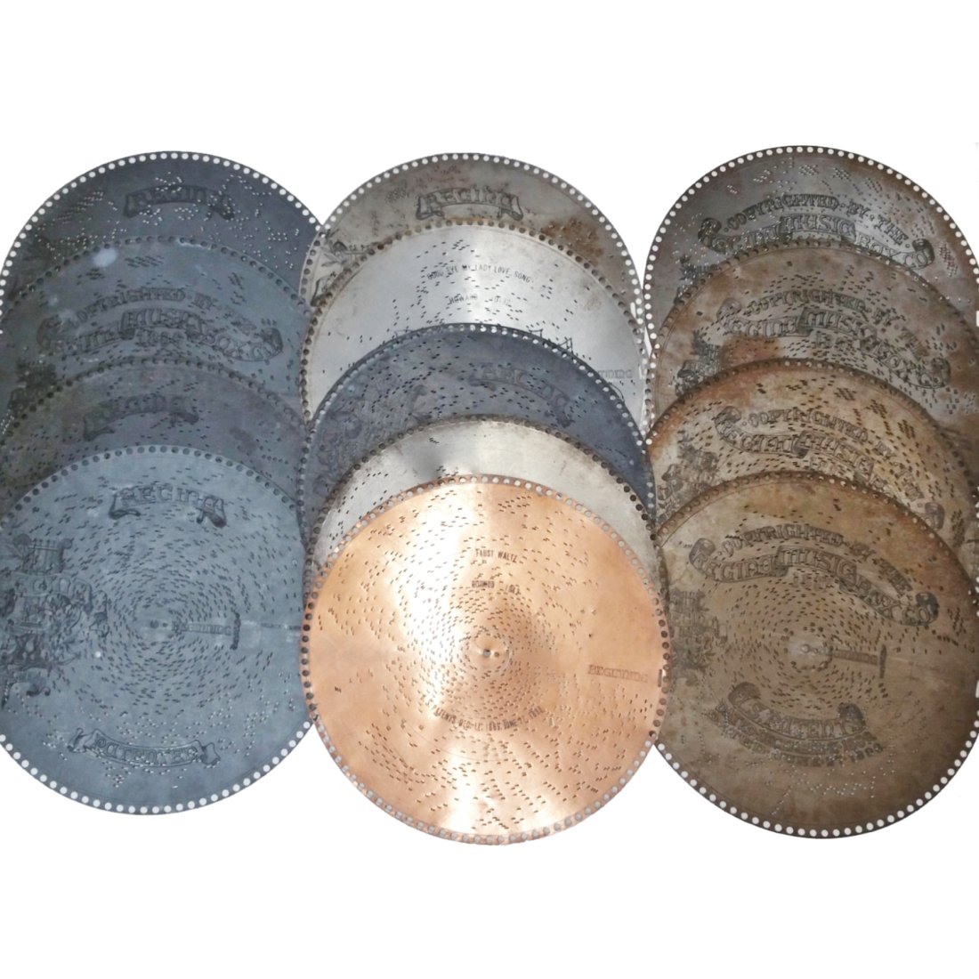 Antique Regina 15.5 inch Metal Musical Music Box Disc Lot of 13: Title: Antique Regina 15.5 inch Metal Musical Music Box Disc Lot of 13 Description:Antique Regina 15.5 inch Metal Musical Music Box Disc Lot of 13. Various songs included. Hallmarks or Signature:
