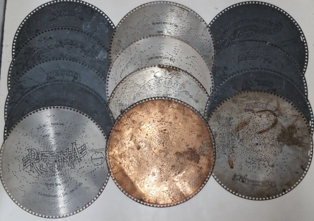 Regina 15.5 inch Metal Musical Music Box Disc Lot of 13 Antique: Title: Regina 15.5 inch Metal Musical Music Box Disc Lot of 13 Antique Description:Regina 15.5 inch Metal Musical Music Box Disc Lot of 13 Antique. Various songs included. Hallmarks or Signature: