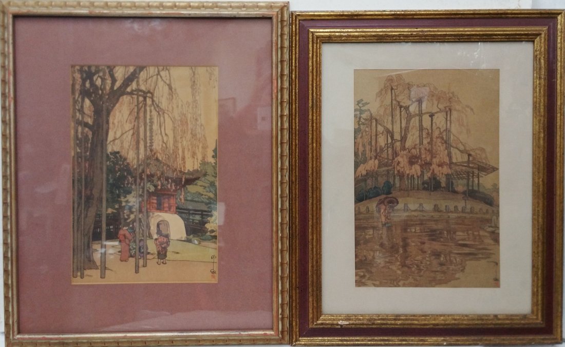 Two Hiroshi Yoshida Japanese Color Woodblock Prints Yozakura in Rain Cherry Tree in Kawagoe: Title: Two Hiroshi Yoshida Japanese Color Woodblock Prints Yozakura in Rain Cherry Tree in Kawagoe Description:Two Hiroshi Yoshida Japanese Color Woodblock Prints Yozakura in Rain Cherry Tree in Kawag