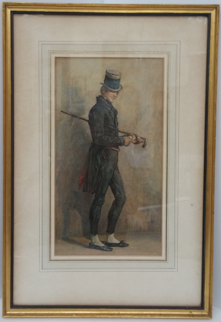 John Edward Goodall English Victorian Gentleman Watercolor Top Hat Tails Gloves Cane High Society No: Title: John Edward Goodall English Victorian Gentleman Watercolor Top Hat Tails Gloves Cane High Society Noted Artist Family Painting Description:John Edward Goodall English Victorian Gentleman Waterc