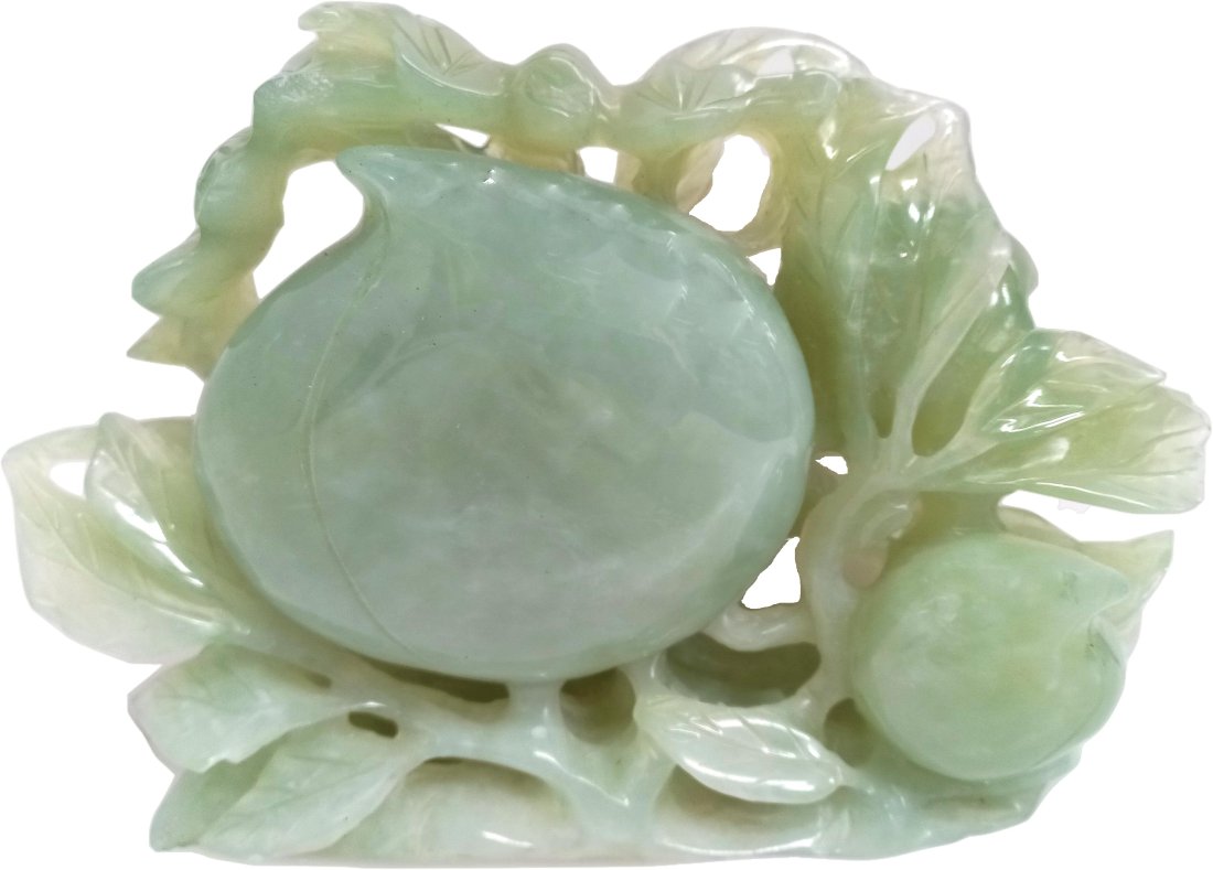 Chinese Antique Pale Celadon Jade Peach Statue Carving Asian Immortality: Title: Chinese Antique Pale Celadon Jade Peach Statue Carving Asian Immortality Description: This pale celadon jade carving features openwork entwining branches and leaves with two ripe peaches nes