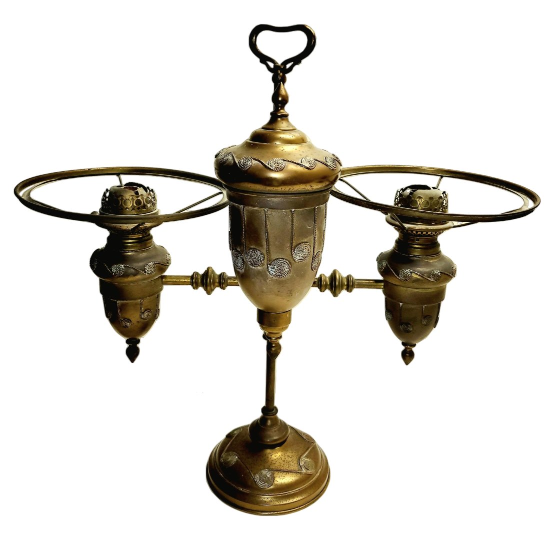 Tiffany Studios Gilt Bronze Double Student Lamp: Title: Tiffany Studios Gilt Bronze Double Student Lamp Description:Tiffany Studios Gilt Bronze Double Student Lamp, 24 x 25.25 x 10.5 inches overall as shown, no visible signature, adjustable height, 