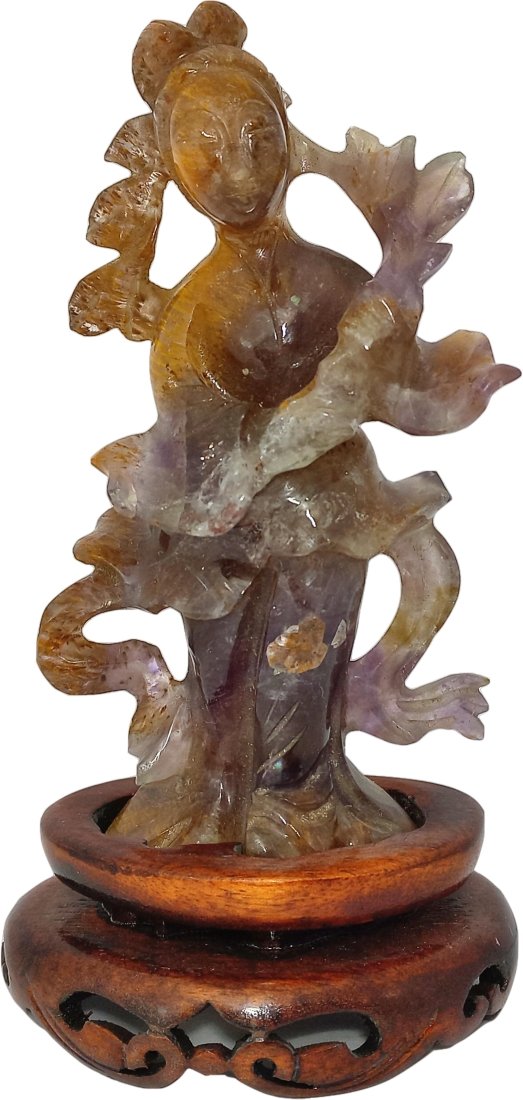 Rare Tigers Eye With Amethyst Quan Yin Stone Hand Carved Statue Chinese Antique: Title:Rare Tigers Eye With Amethyst Quan Yin Stone Hand Carved Statue Chinese Antique Description: This statue has an awesome stone combination with swirls of sever colors and patterns throughout. Rar