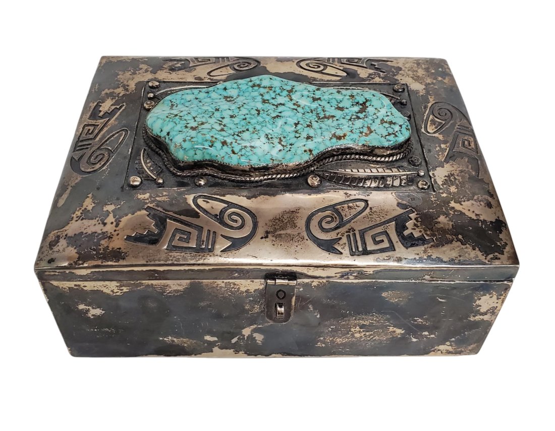 Signed Charles Mike Yazzie Navajo Huge Turquoise Decorated Silver Lidded Jewelry Strong Box 37.7ozt: Title: Signed Charles Mike Yazzie Navajo Huge Turquoise Mounted Decorated Silver Lidded Jewelry Strong Box 37.7ozt Description: A very large handcrafted silver box that is signed by Navajo artisan