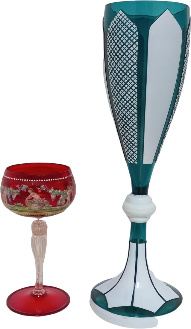 Murano Bacchus Enamel Gold Fleck Wine Goblet W/ Large Teal Glass Enamel Bohemian Vase: Title:Murano Bacchus Enamel Gold Fleck Wine Goblet W/ Large Teal Glass Enamel Bohemian Vase Description: Two gorgeously contrasting glass vessels, the Murano red glass is adorned in portraits of the w