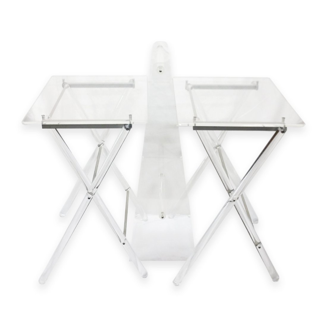 Lucite Style Acrylic Vintage 1970s Folding Trays with Stand: Title: Lucite Style Acrylic Vintage 1970s Folding Trays with Stand Description:Lucite Style Acrylic Vintage 1970s Folding Trays with Stand. Two trays with center stand Hallmarks or Signature: <