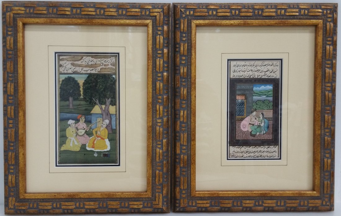 Indo Persian Mughal Miniature Painting Pair Poem Story Book Illuminated Text: Title: Indo Persian Mughal Miniature Painting Pair Poem Story Book Illuminated Text Description:Indo Persian Mughal Miniature Painting Pair Poem Story Book Illuminated Text. Provenance: Peace Corps nu