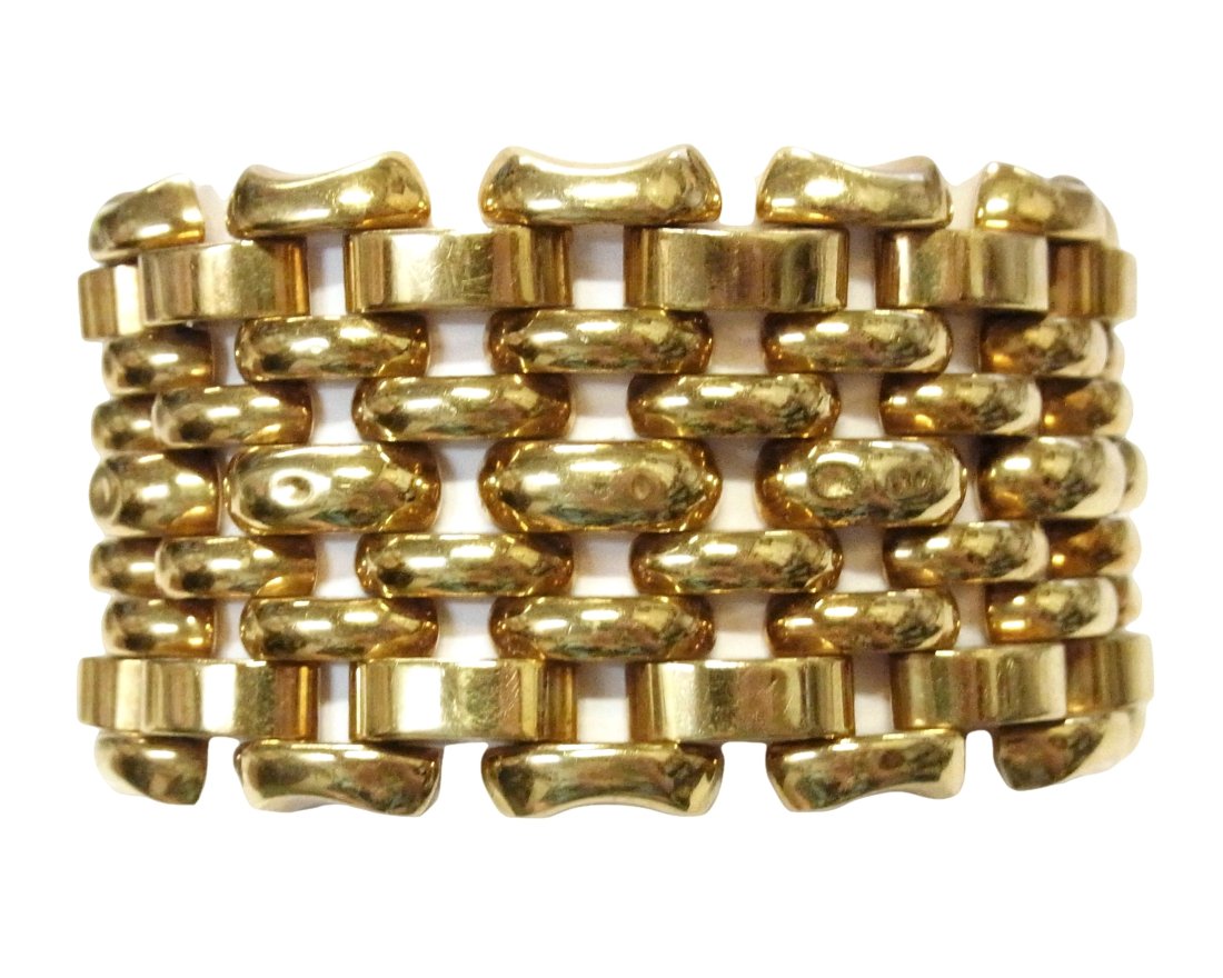 Signed Ed Wiener 18k Gold Ultra-Wide 1960s Midcentury Retro Panther Link 7in Bracelet 95.7gr: Title: Signed Ed Wiener 18k Gold Ultra-Wide 1960s Midcentury Retro Panther Link 7in Bracelet 95.7 grams Description: Pure luxury in this signed 18k yellow gold panther link bracelet by noteworthy Ne