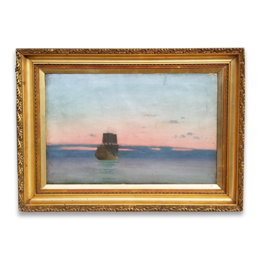 Large Arts Crafts Tonalist Antique Mystery Artist Signed Illegibly Ship Galleon Spanish English Pira: Title: Large Arts Crafts Tonalist Antique Mystery Artist Signed Illegibly Ship Galleon Spanish English Pirate Illustration Estate Oil Painting Description:Large Arts Crafts Tonalist Antique Mystery Ar