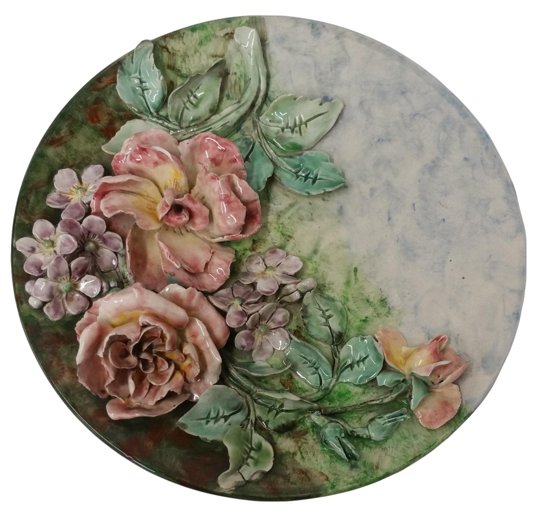 Antique Longchamp Relief Plaque French Faience Terre de Fer Majolica: Title: Antique Longchamp Relief Plaque French Faience Terre de Fer Majolica Description:A beautifully decorated floral plate and or plaque. Hallmarks or Signature: Longchamp Terre de Fer<