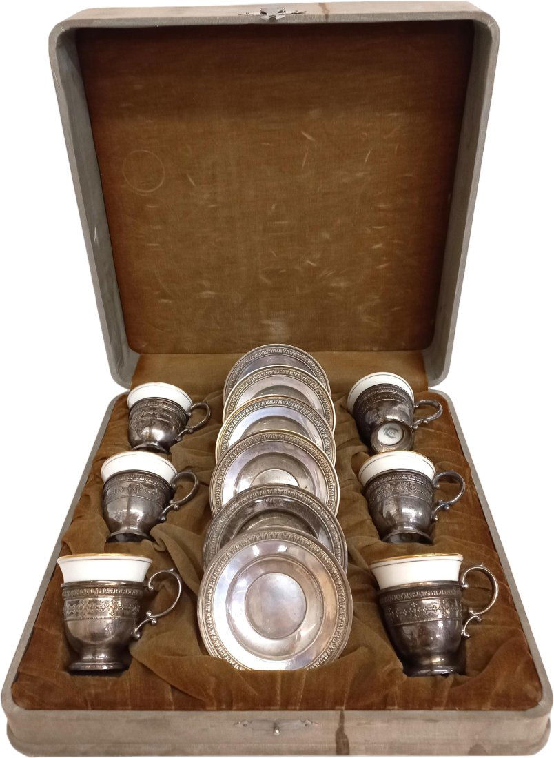 Antique 1903-1928 Boxed Lenox Porcelain Sterling Silver Watson Pre Wallace Demitasse Coffee Cup Set (1 of 18)