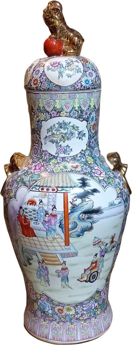 Huge 4.5ft Vintage Chinese Rose Medallion Enamel Jar Floor Vase Porcelain Famille Rose Verte Panel (1 of 16)