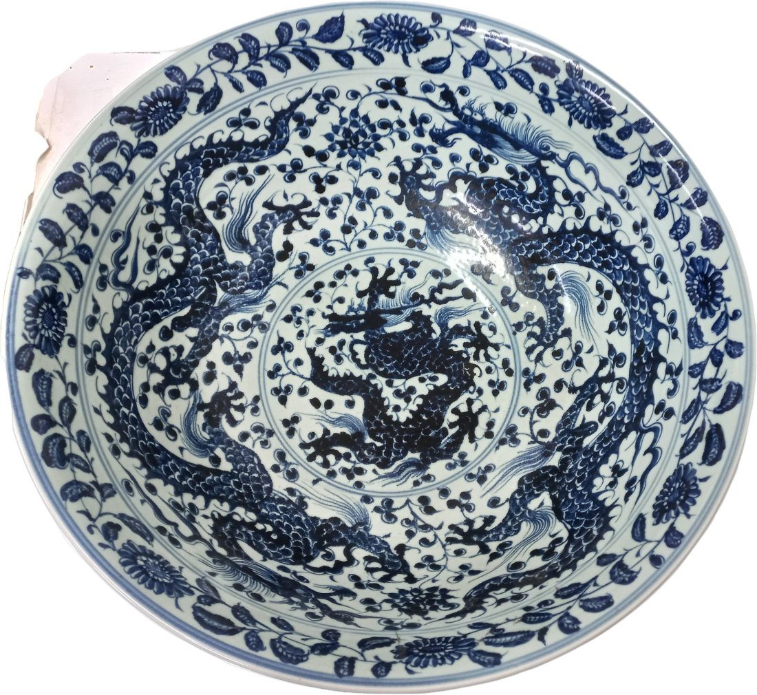 Large Antique 20 Inch Chinese Blue White Porcelain Dragon Bowl (1 of 12)