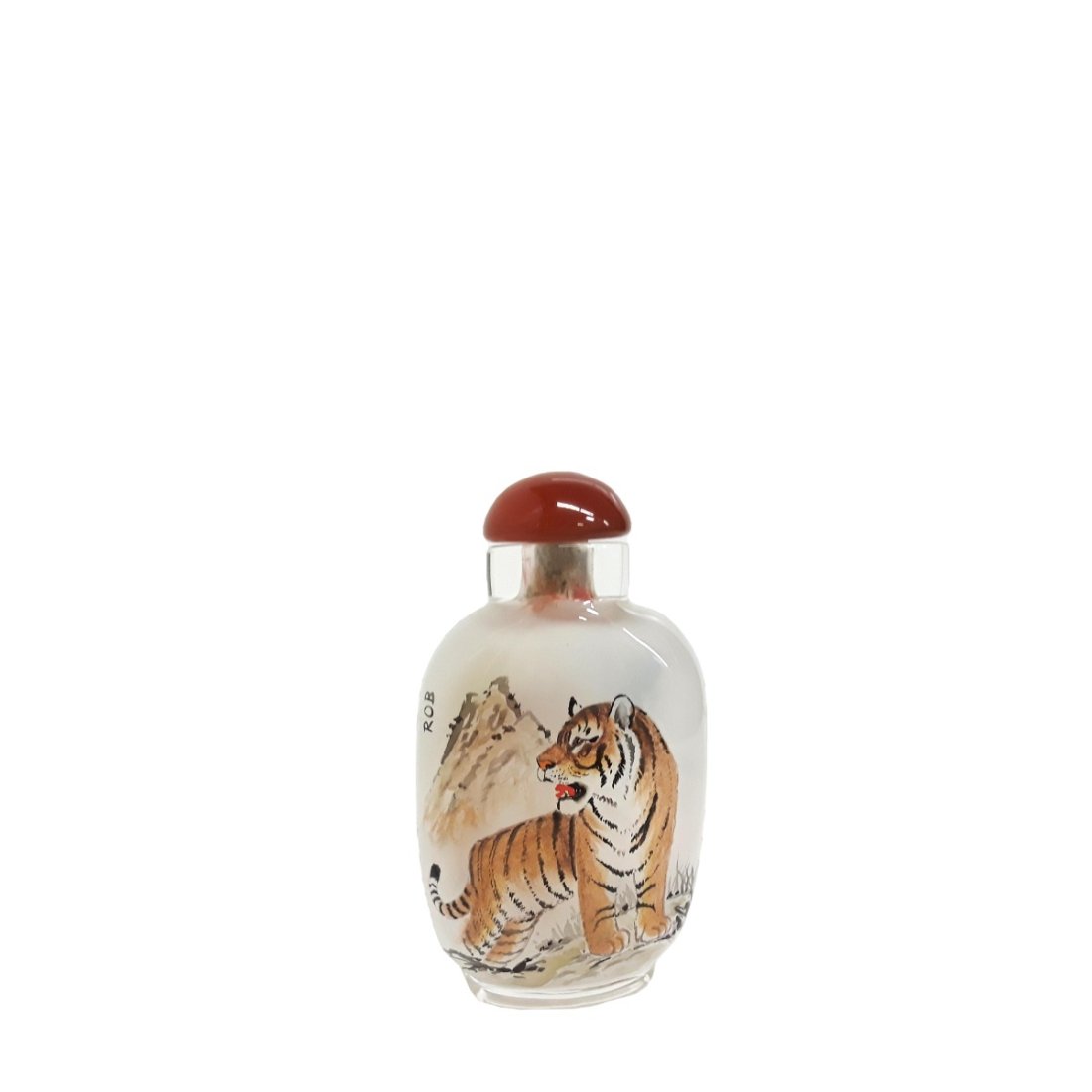 Vintage Signed Tiger Chinese Glass Custom Snuff Bottle: Described by: Rachel HFA VXNHI Title: Vintage Signed Tiger Chinese Glass Custom Snuff Bottle Description: A small glass bottle with characters on it, likely signed by the artist on one side and cust