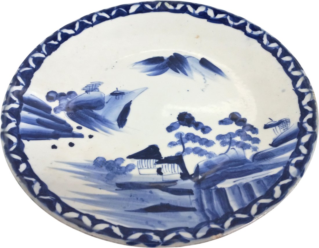 Japanese Edo Period Sometsuke Blue And White Porcelain Landscape Charger: Title: Japanese Edo Period Sometsuke Blue And White Porcelain Landscape Charger Description: The interior is painted with a Chinese Sung inspired pavilion with accompanying trees amid a rocky landscap