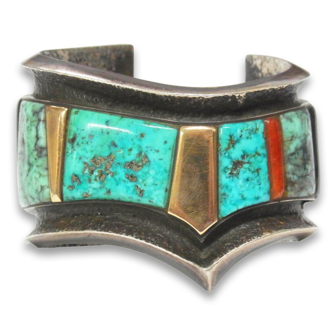 Actress Estate Carmello Patania Heavy Silver 14k Gold Turquoise Coral Ebony Inlay Signed Bracelet (1 of 10)