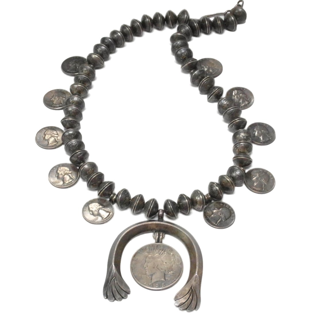 Actress Estate Heavy Silver Coin 1923 Peace Dollar 1964 Quarter Dime Squash Blossom Necklace 13.3ozt (1 of 13)