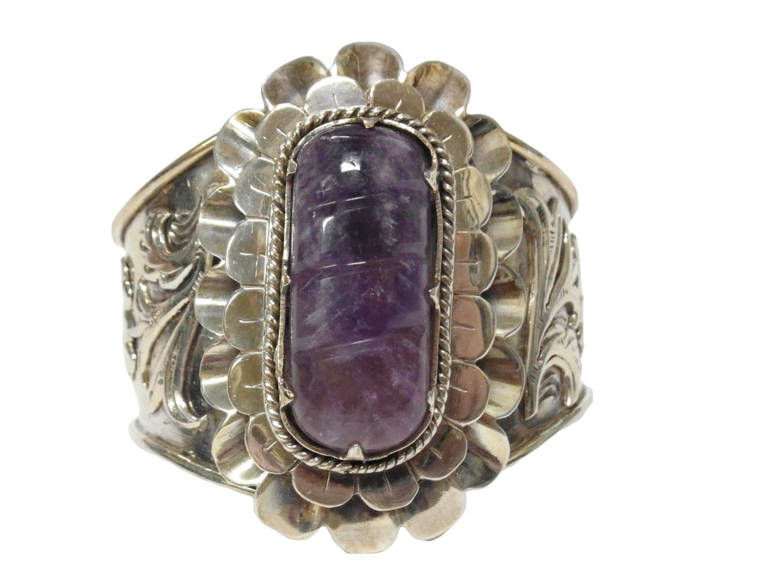 Actress Estate Taxco Heavy Silver Carved Amethyst Floral Motif Vintage Cuff Bracelet 129 grams (1 of 9)