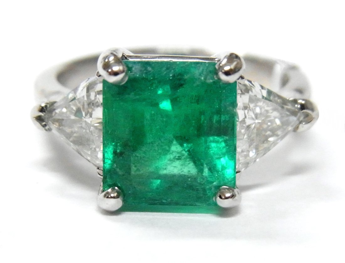 GIA 4.07ct Colombian Emerald 18k WG Ring Stunning Color Clarity w/ 1.15ctw Trillion Diamond Sides (1 of 16)