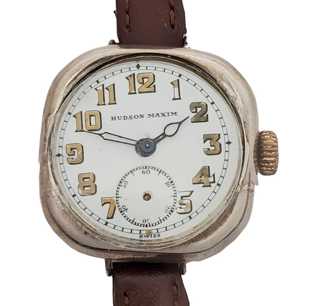 Hudson Maxim Sterling Silver Antique Military Trench Watch Enamel Dial Running (1 of 8)