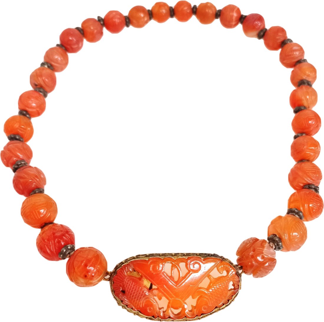 Actress Estate 1920s Carved Carnelian Shou Bead Vermeil Chinese Export Koi Fish Pendant Beaded Neckl (1 of 7)
