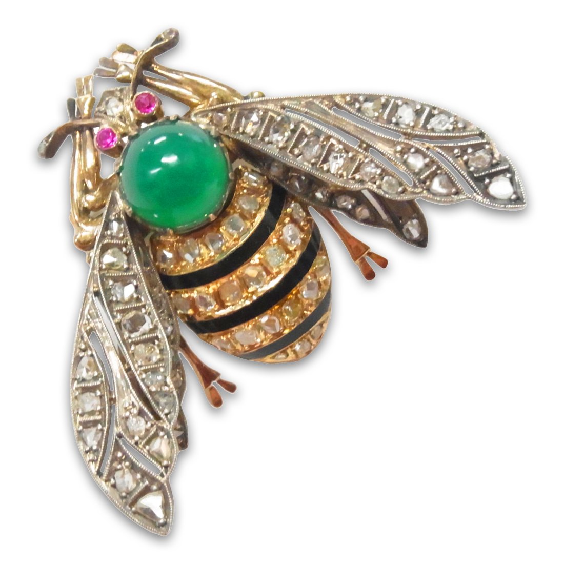 Victorian Era 18k Gold 63 Diamond Silver Winged Ruby Eye Enamel Large Bumble Bee Antique Brooch 17gr (1 of 12)