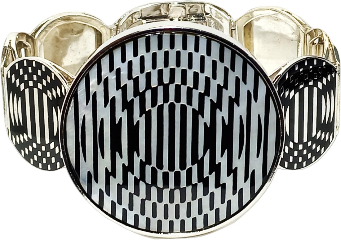 Victor Vasarely Jolie Sterling Silver Mother Of Pearl Black Enamel Designer Bracelet OP Art (1 of 9)